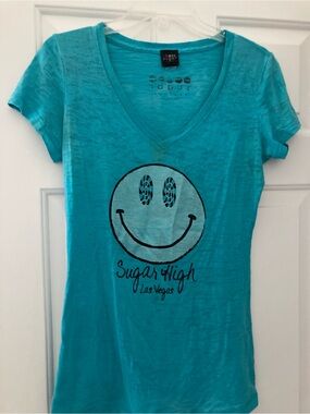 Sugar Factory, Las Vegas Sugar High smiley face burnout turquoise tee